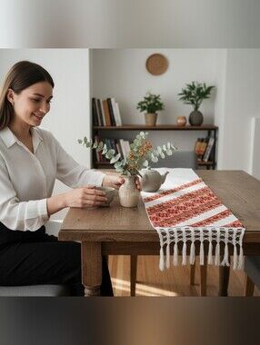 Hand Made Embroisered Red & White Woven Table Runner with Fringe- Ukrainian 3111